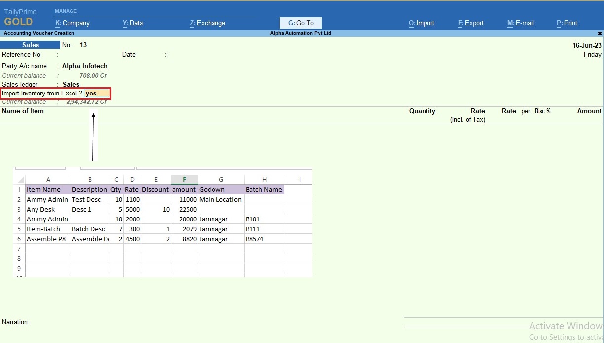 Import Inventory Details in Voucher Entry From Excel to Tally